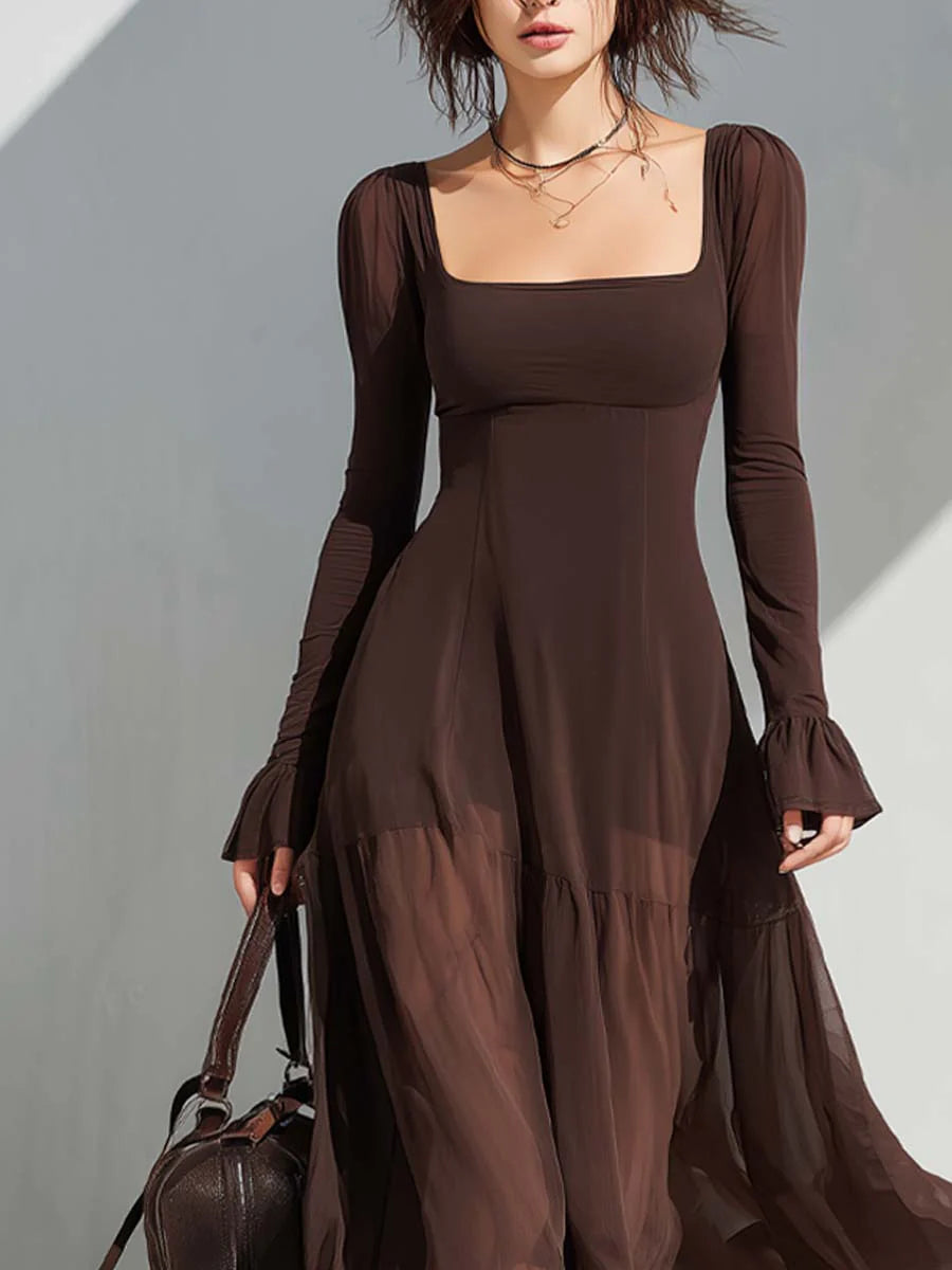Bilionera Vintage Square-Neck Sheer Sleeve Flare Midi Dress