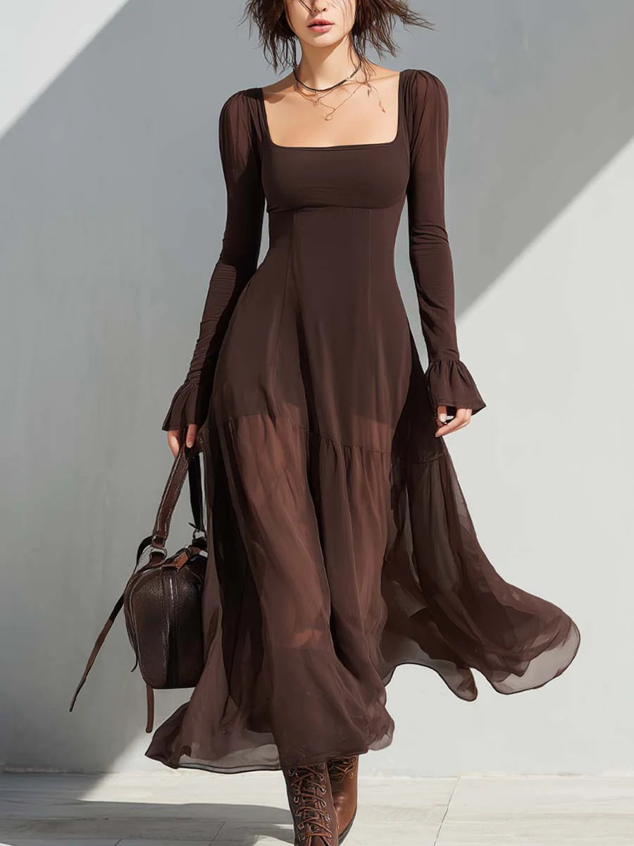 Bilionera Vintage Square-Neck Sheer Sleeve Flare Midi Dress