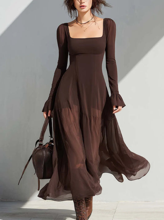 Chicyis Vintage Square-Neck Sheer Sleeve Flare Midi Dress - Brown Fit