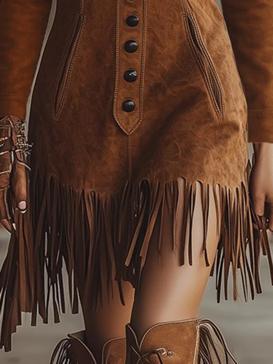 Bilionera Western Brown Tassel Suede Mini Dress - Long Sleeve
