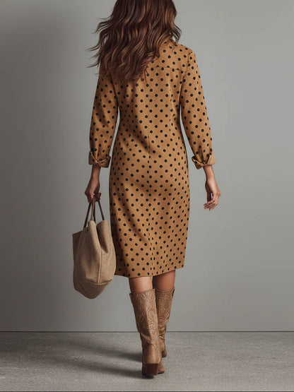Bilionera Polka Dot Faux Suede Shirt Midi Dress - Elegant Brown
