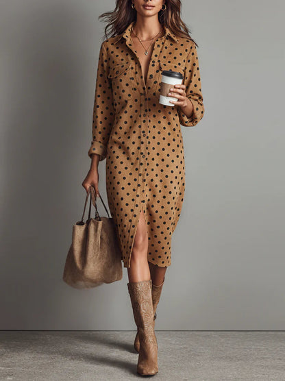 Bilionera Polka Dot Faux Suede Shirt Midi Dress - Elegant Brown