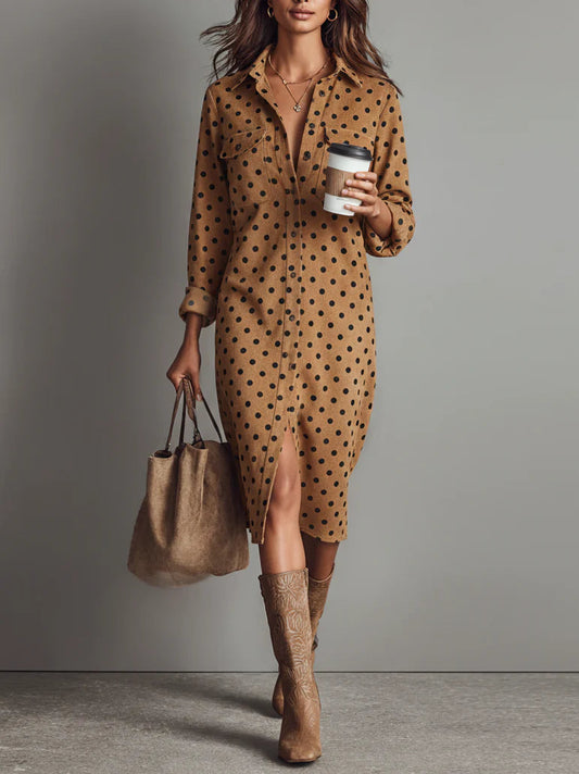 Chicyis Polka Dot Faux Suede Shirt Midi Dress - Elegant Brown & Black