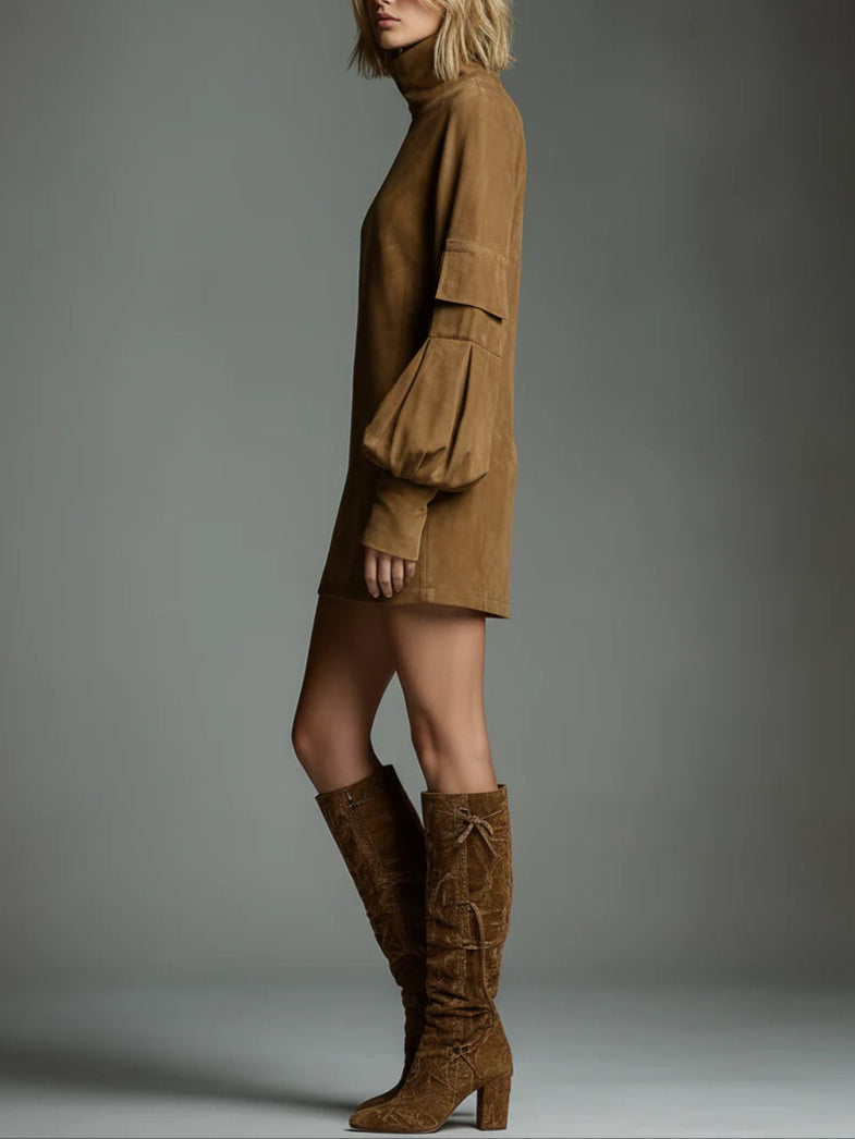 Bilionera Vintage Turtleneck Mini Dress - Loose Suede