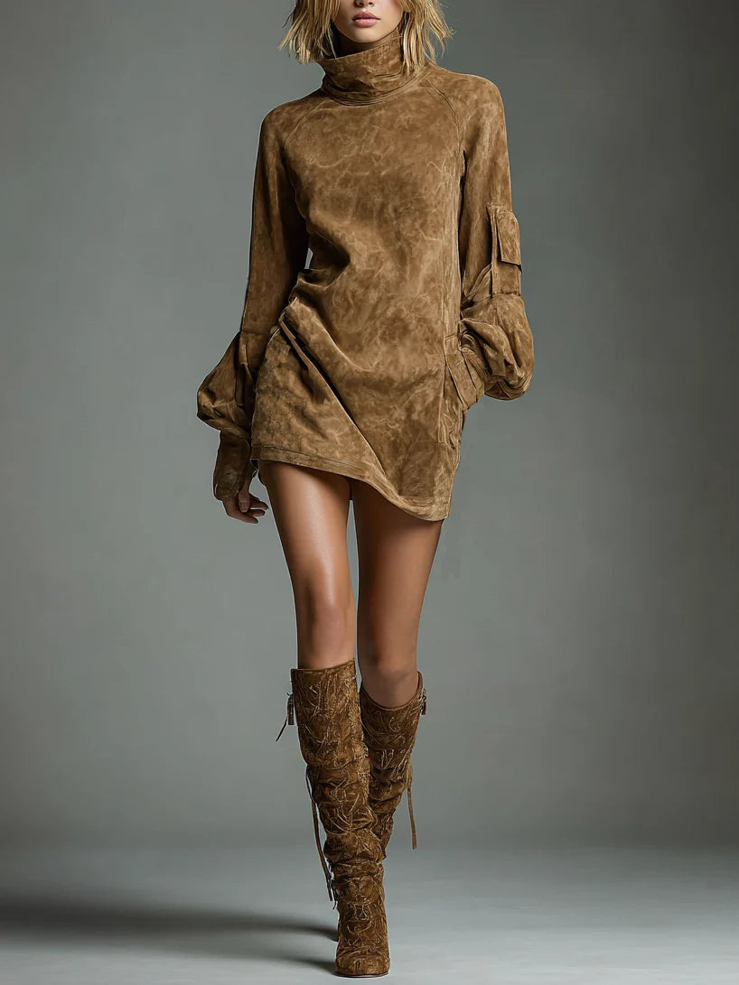 Bilionera Vintage Turtleneck Mini Dress - Loose Suede