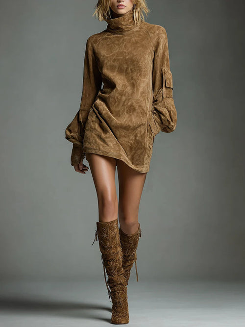 Bilionera Vintage Turtleneck Mini Dress - Loose Suede