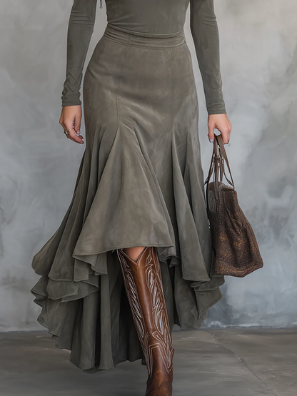 Bilionera Retro Green Turtleneck Midi Dress - Elegant Irregular Hem
