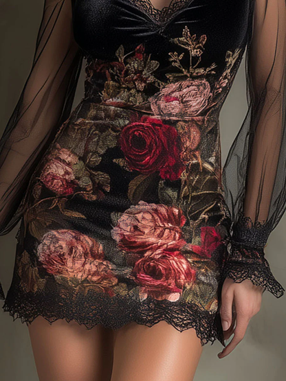 Bilionera Rose Print Velvet Mini Dress - Tulle Lace Trim