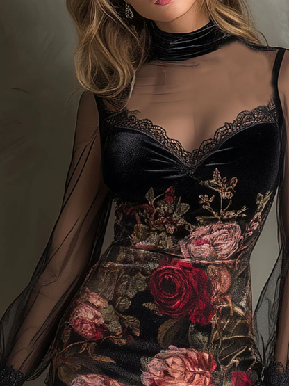 Bilionera Rose Print Velvet Mini Dress - Tulle Lace Trim