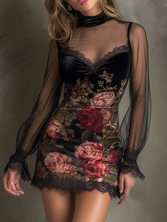 Chicyis Rose Print Velvet Mini Dress - Tulle Lace Trim