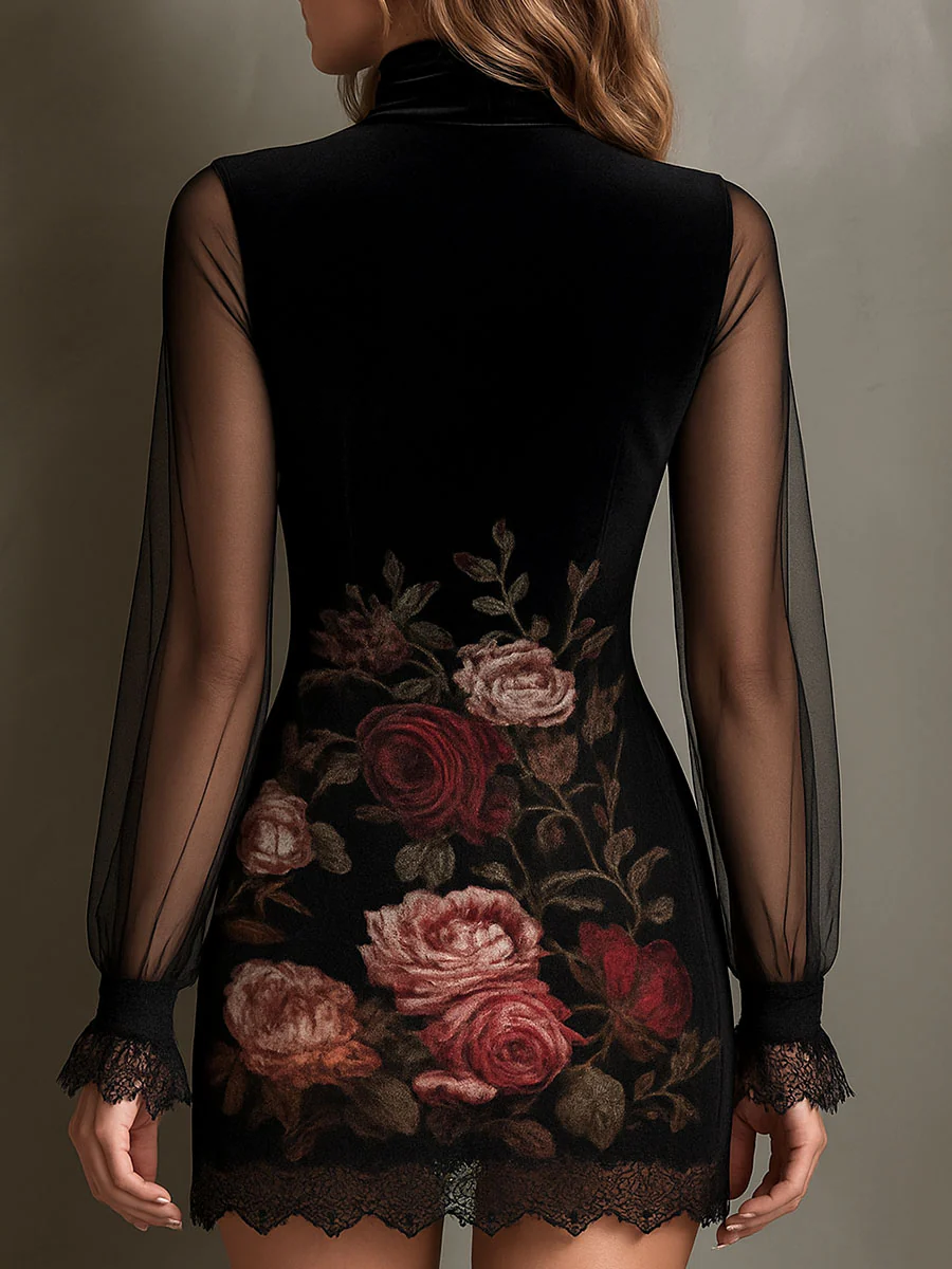 Bilionera Rose Print Velvet Mini Dress - Tulle Lace Trim