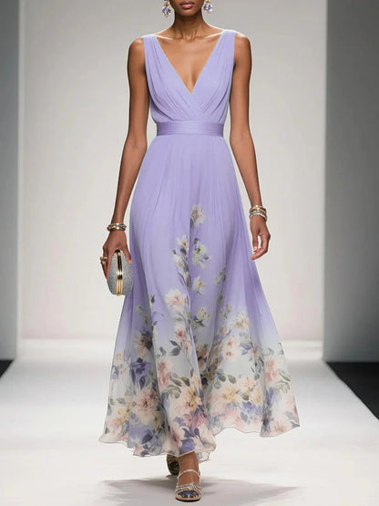 Bilionera Light Blue Maxi Dress - V-Neck & Floral Chiffon Fit
