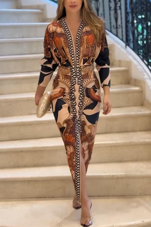 Bilionera Elegant Print Dolman Sleeve Midi Dress