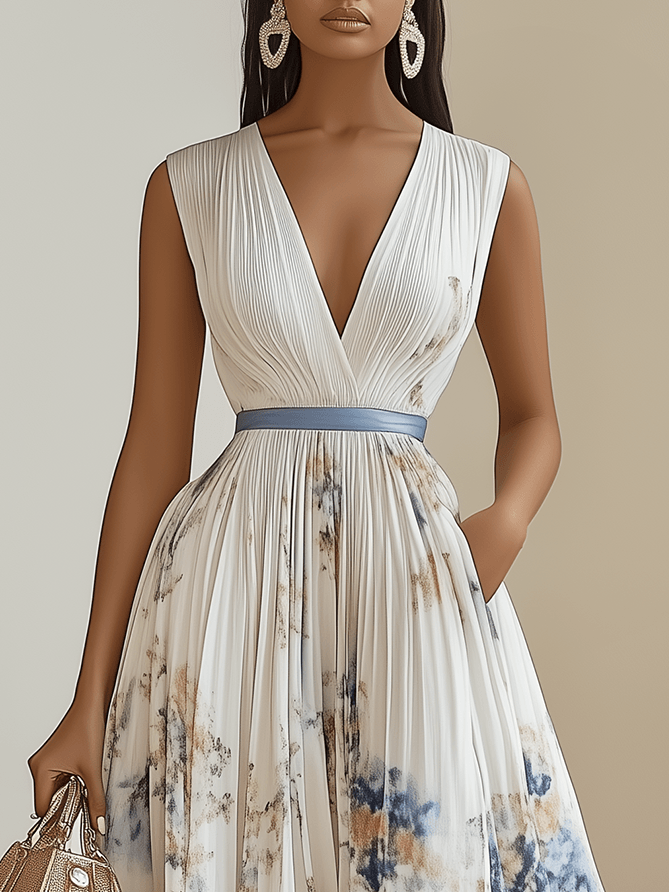 Bilionera White Floral Midi Dress - V-Neck Pleated Chiffon Fit