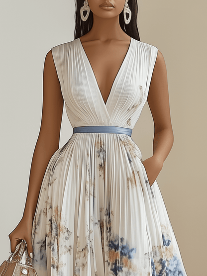 Bilionera White Floral Midi Dress - V-Neck Pleated Chiffon Fit