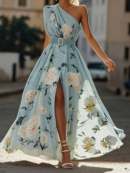 Bilionera Light Green Maxi Dress - One-Shoulder Floral Print