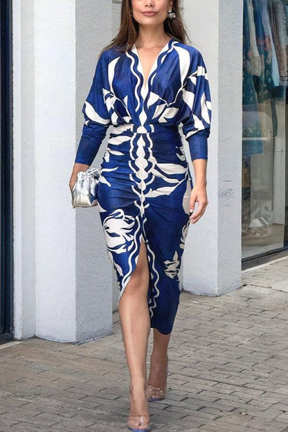 Bilionera Elegant Print Dolman Sleeve Midi Dress
