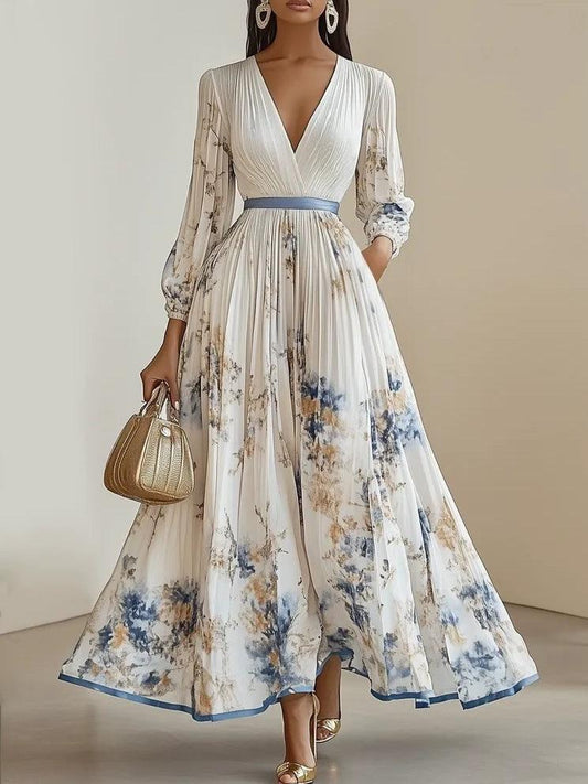 Chicyis White Floral Maxi Dress - Elegant V-Neck & Balloon Sleeve Fit