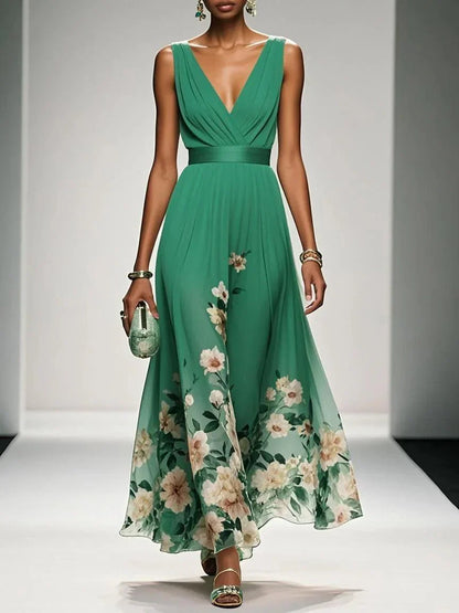 Bilionera Light Blue Maxi Dress - V-Neck & Floral Chiffon Fit