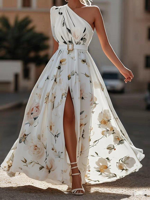 Bilionera Light Green Maxi Dress - One-Shoulder Floral Print