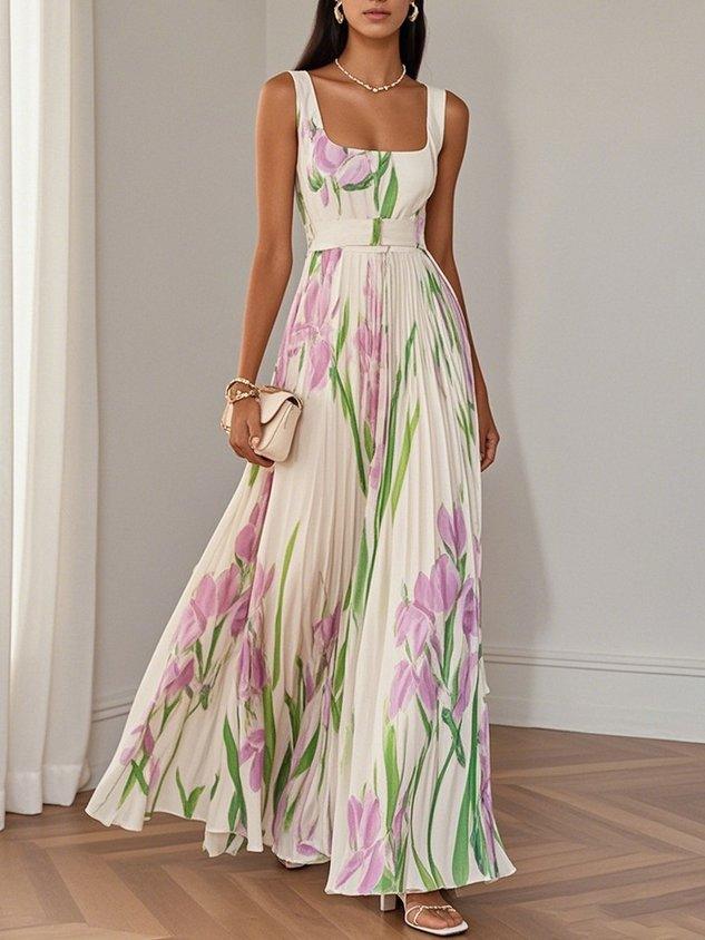 Bilionera Floral Chiffon Maxi Dress - Square Neck & Pleated Fit