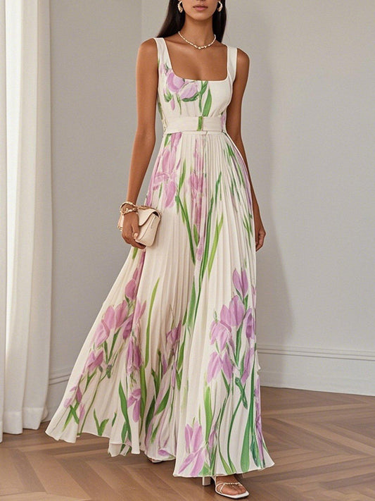 Chicyis Floral Chiffon Maxi Dress - Square Neck & Pleated Fit