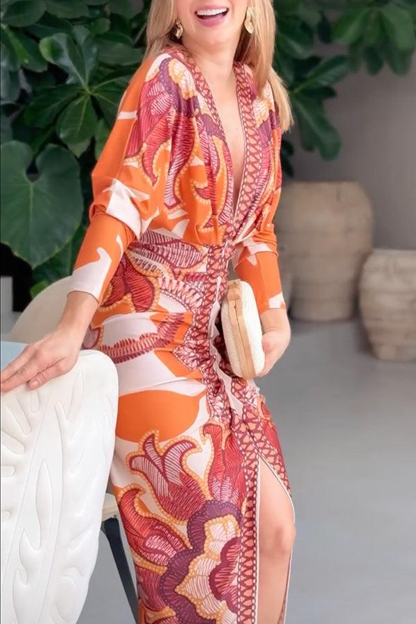 Bilionera Elegant Print Dolman Sleeve Midi Dress