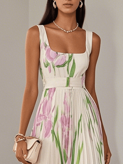 Bilionera Floral Chiffon Maxi Dress - Square Neck & Pleated Fit