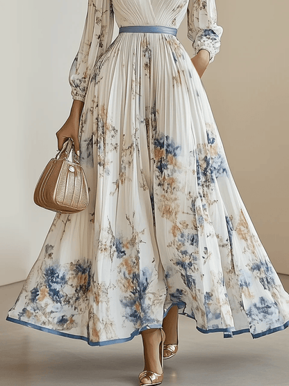 Bilionera White Floral Maxi Dress - V-Neck & Balloon Sleeve Fit