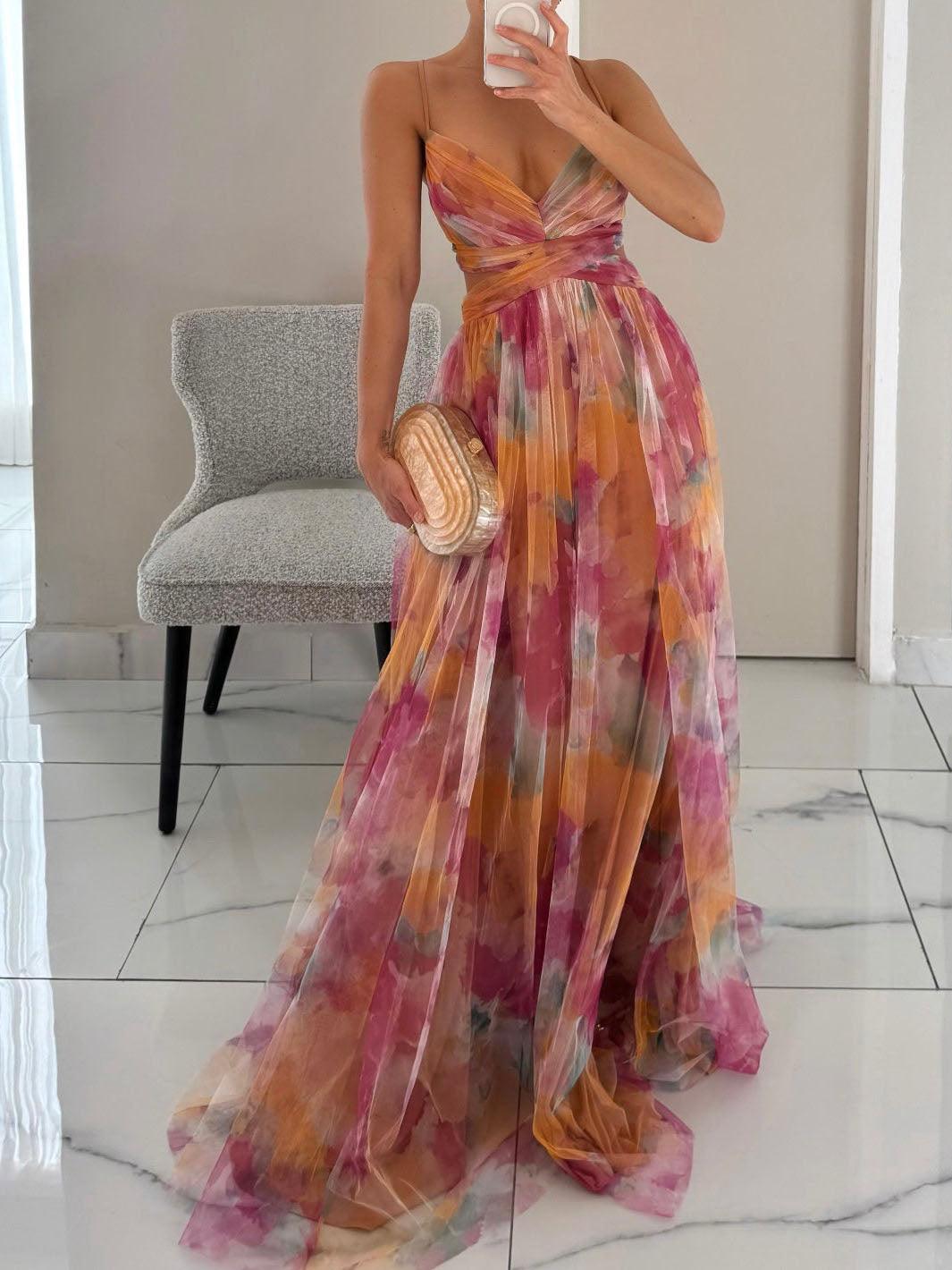 Bilionera Painted Floral Maxi Dress - Elegant V-Neck