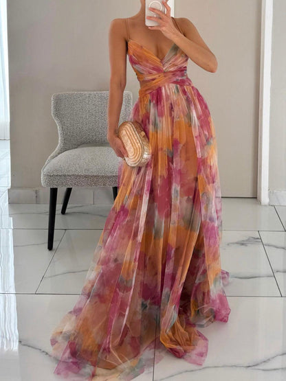 Bilionera Painted Floral Maxi Dress - Elegant V-Neck