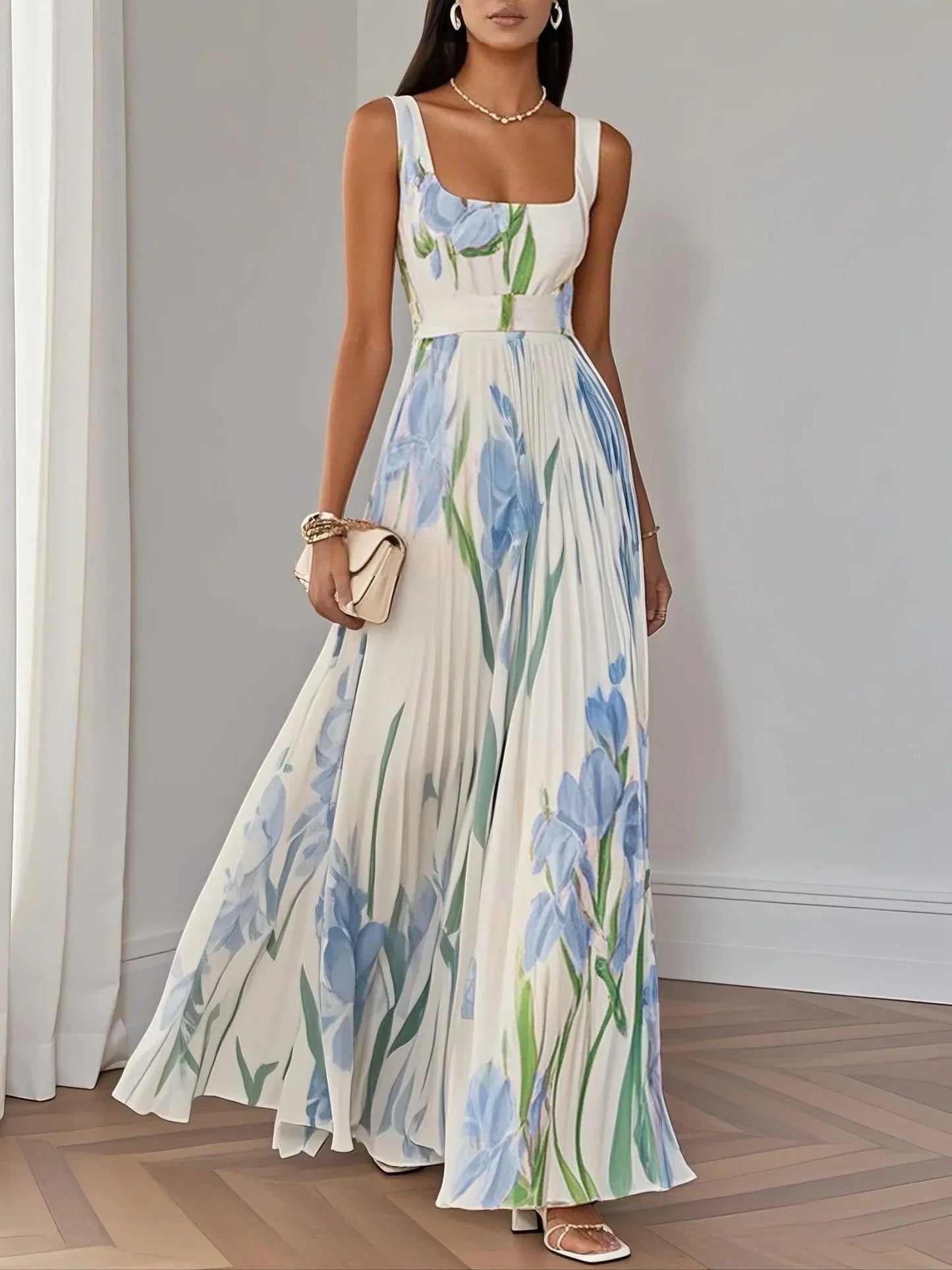 Bilionera Floral Chiffon Maxi Dress - Square Neck & Pleated Fit