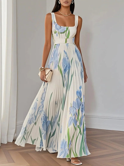 Bilionera Floral Chiffon Maxi Dress - Square Neck & Pleated Fit