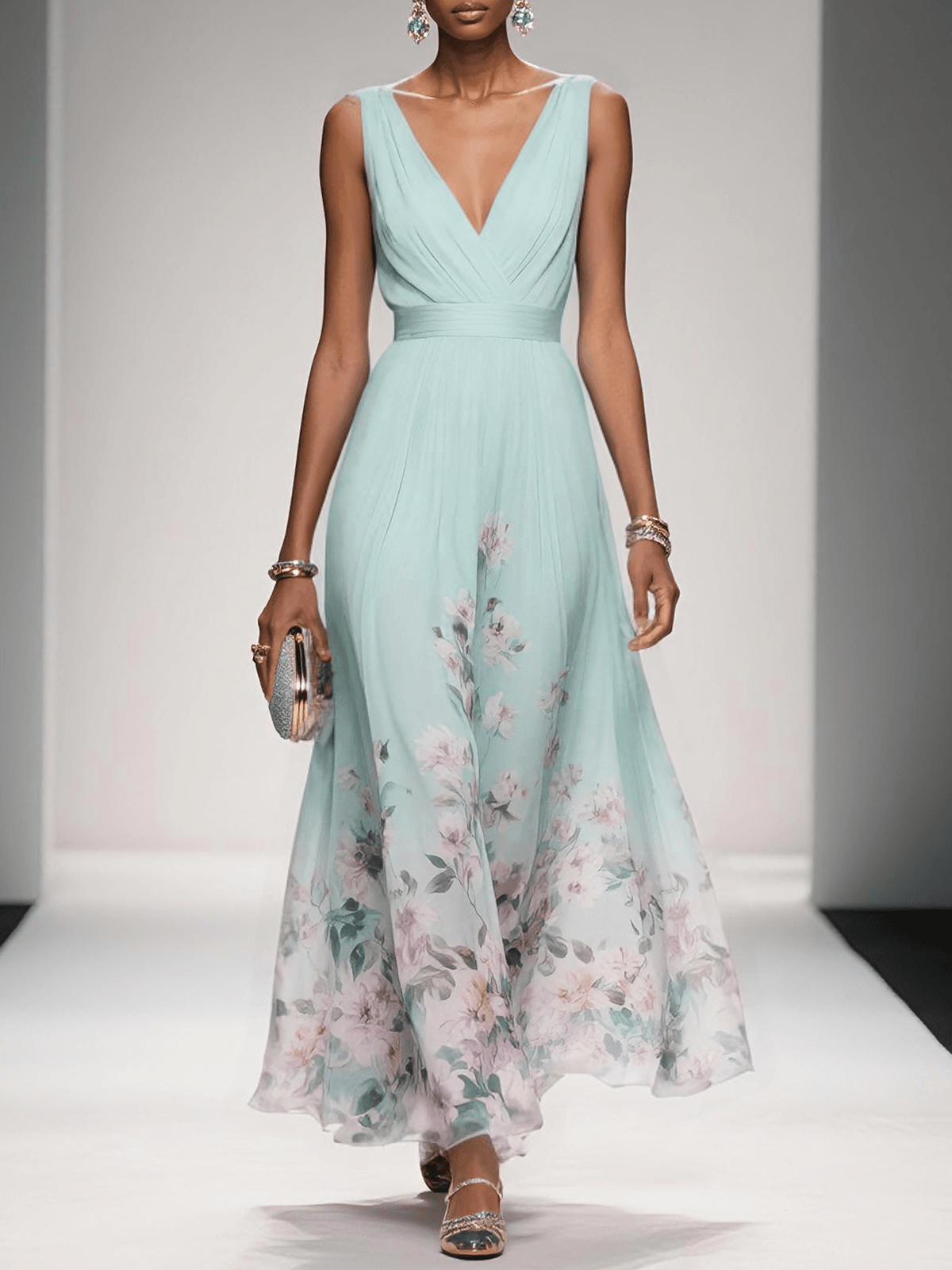 Bilionera Light Blue Maxi Dress - V-Neck & Floral Chiffon Fit