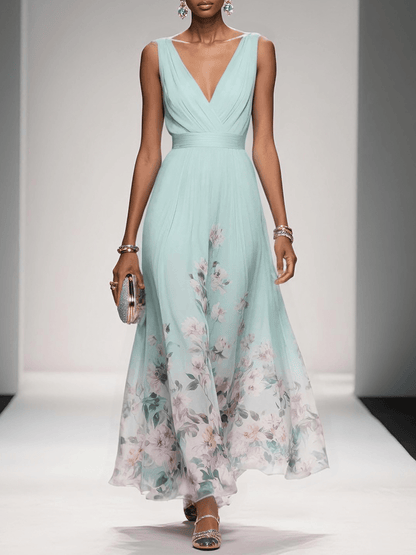 Bilionera Light Blue Maxi Dress - V-Neck & Floral Chiffon Fit