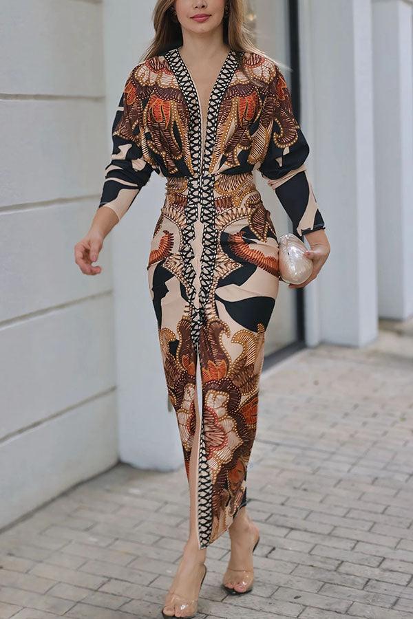 Bilionera Elegant Print Dolman Sleeve Midi Dress