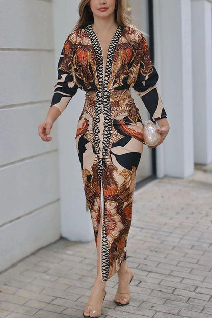 Bilionera Elegant Print Dolman Sleeve Midi Dress