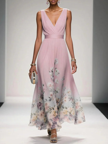 Bilionera Light Blue Maxi Dress - V-Neck & Floral Chiffon Fit