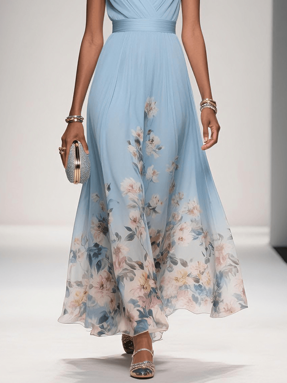 Bilionera Light Blue Maxi Dress - V-Neck & Floral Chiffon Fit