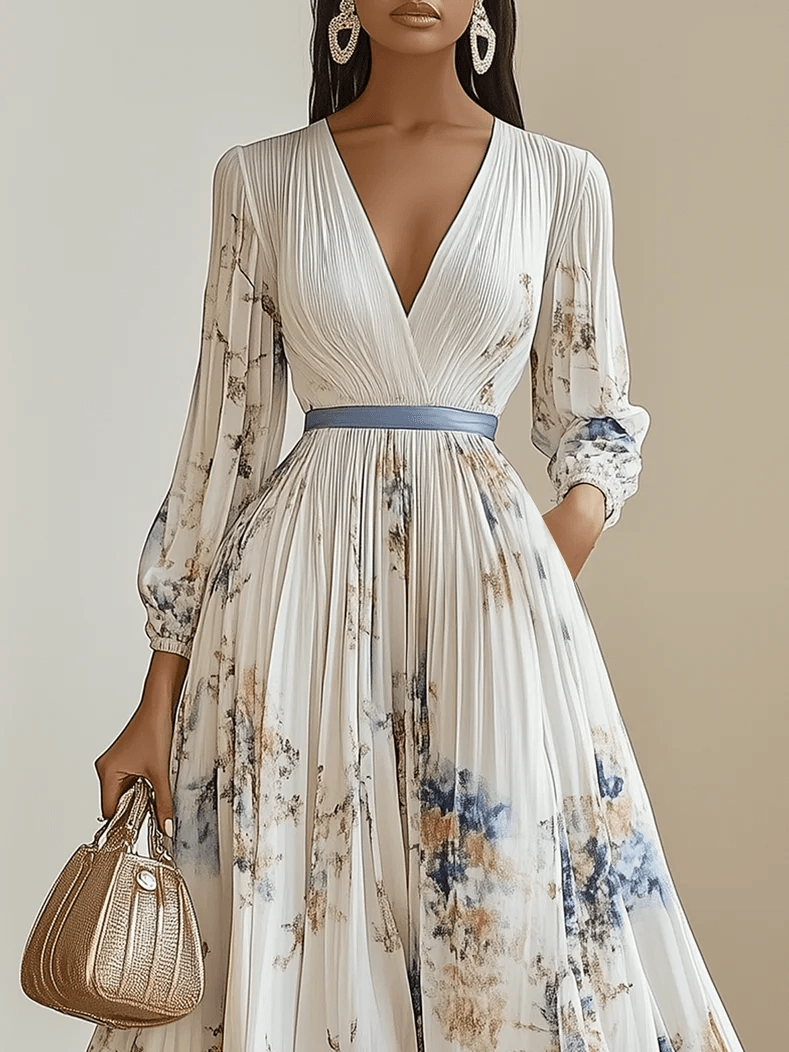 Bilionera White Floral Maxi Dress - V-Neck & Balloon Sleeve Fit