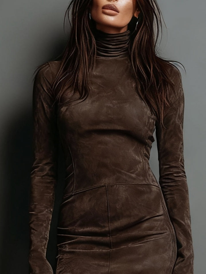Bilionera Vintage Suede Turtleneck Mini Dress