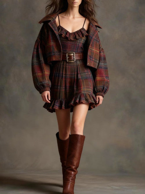 Bilionera Plaid Ruffle Mini Dress Set - Vintage Jacket Belt