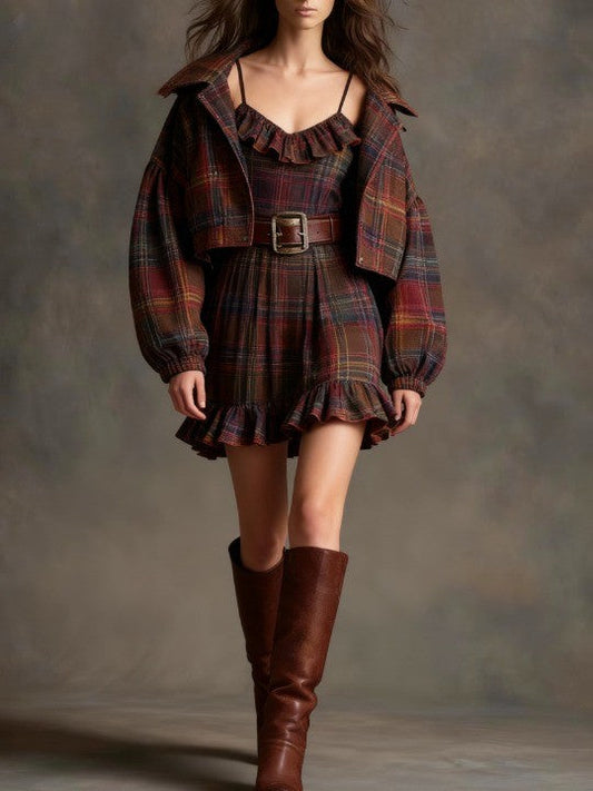 Chicyis Plaid Ruffle Mini Dress Set - Vintage Jacket Belt