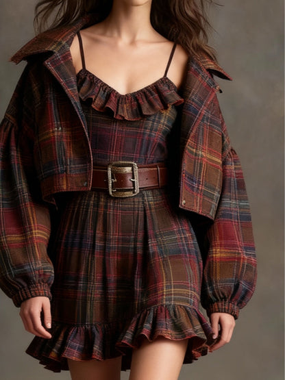 Bilionera Plaid Ruffle Mini Dress Set - Vintage Jacket Belt